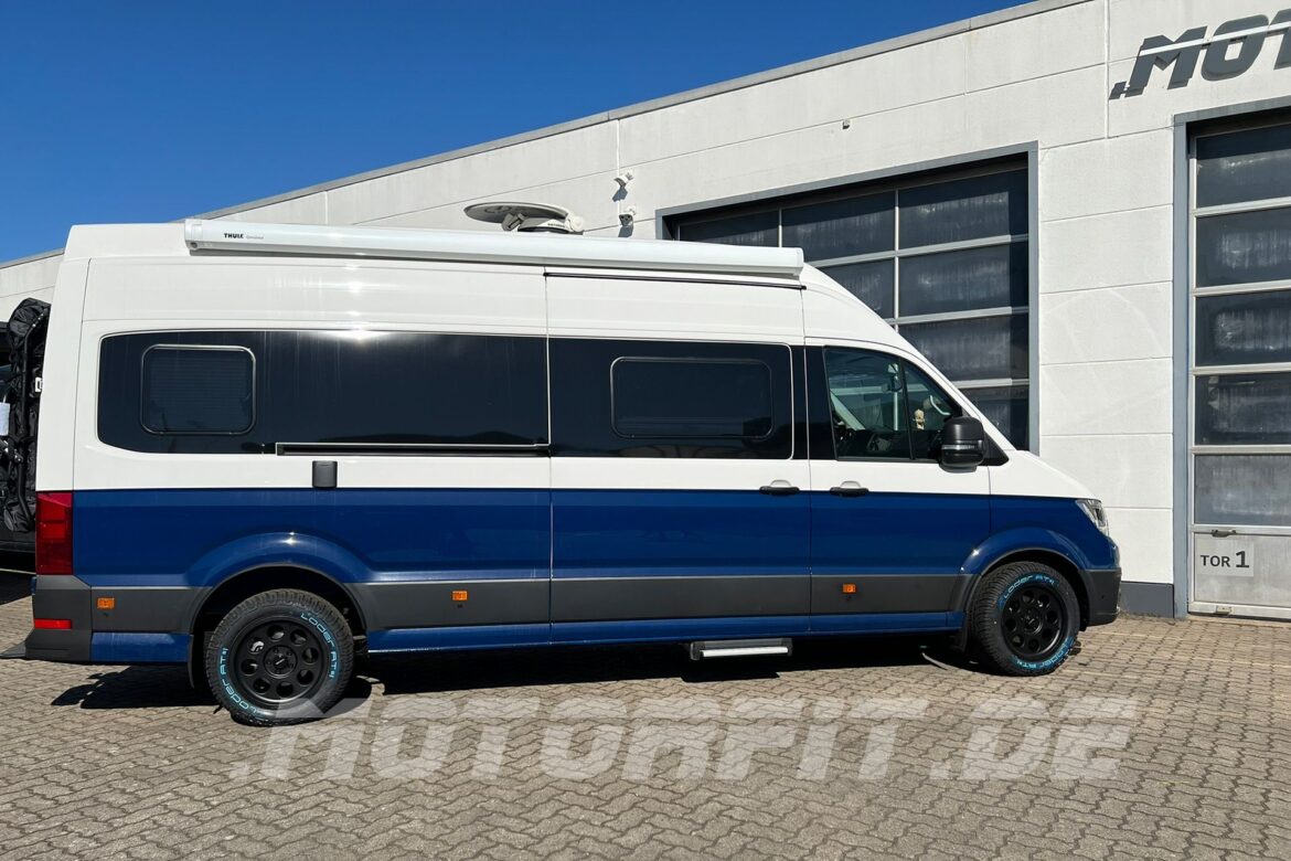 VW Crafter Grand California mit Delta Felgen, All-Terrain Reifen, Luftfederung und Auflastung